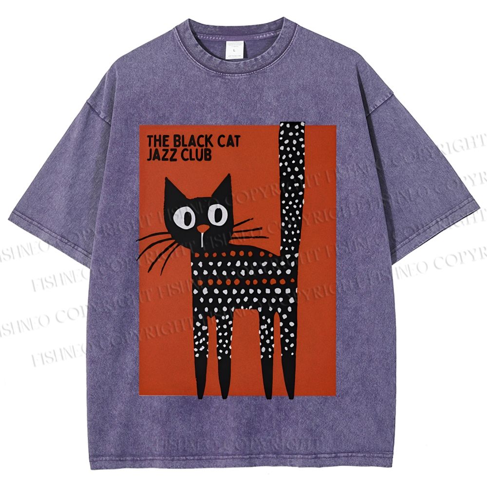 Unisex Black Cat Jazz Club Printed Washed Tee