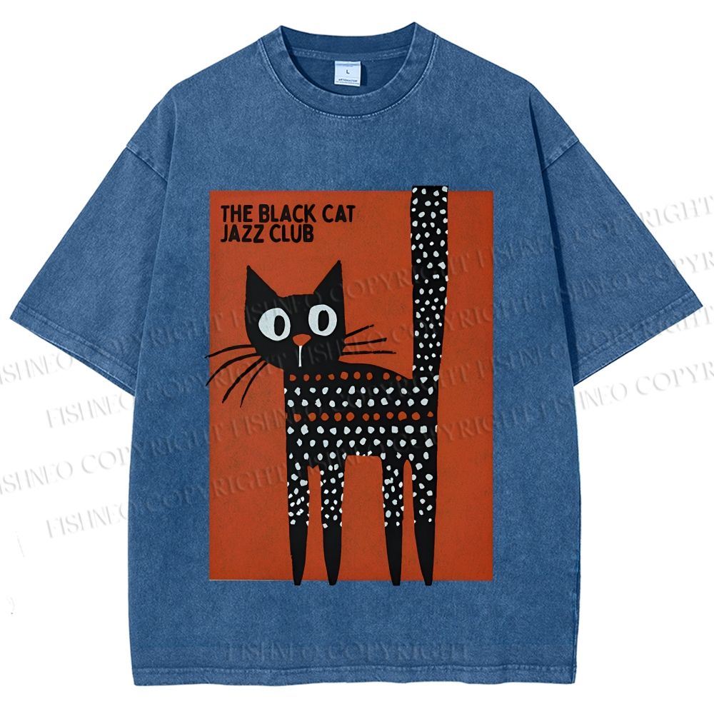 Unisex Black Cat Jazz Club Printed Washed Tee