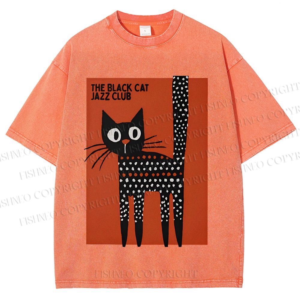 Unisex Black Cat Jazz Club Printed Washed Tee