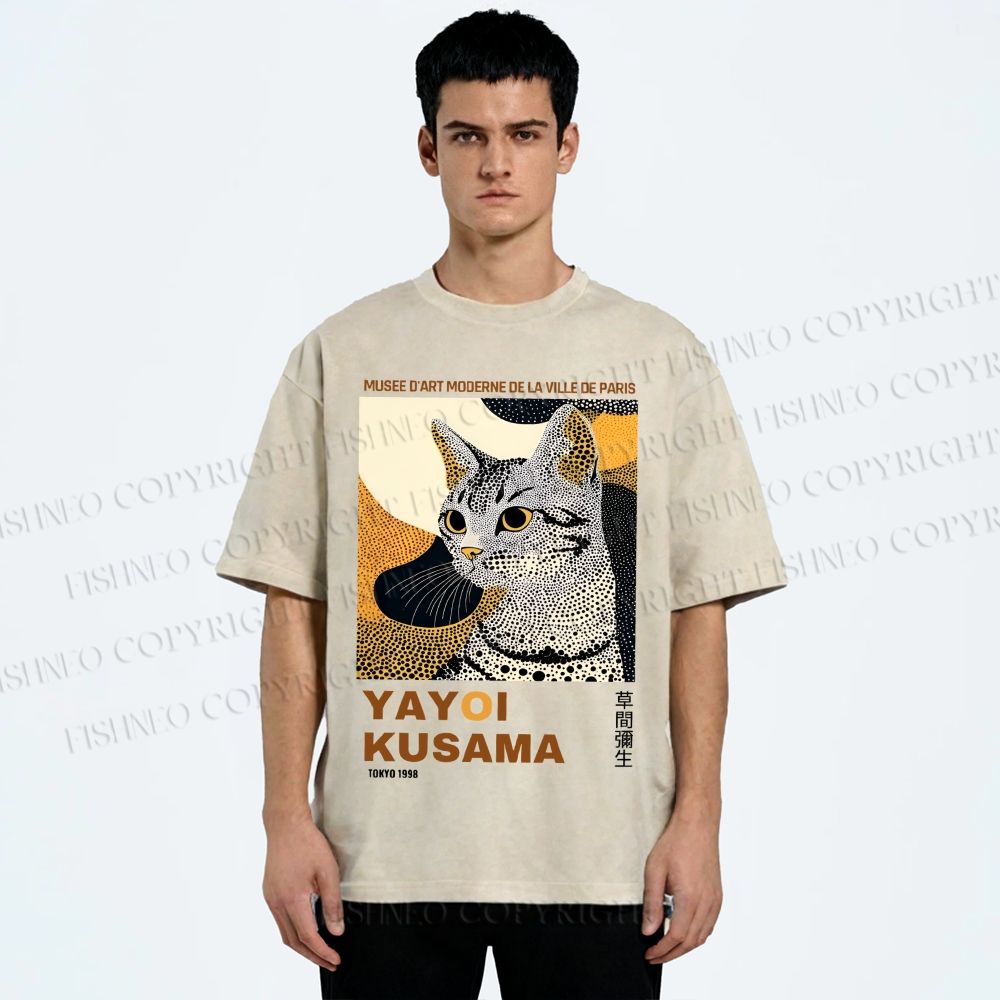 Unisex Yayoi Kusama Cat Printed Washed Tee