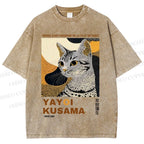 Unisex Yayoi Kusama Cat Printed Washed Tee