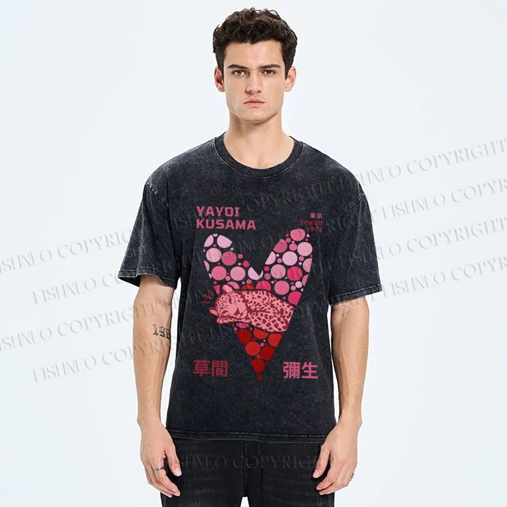Unisex Yayoi Kusama Pink Panther in Heart Printed Washed Tee