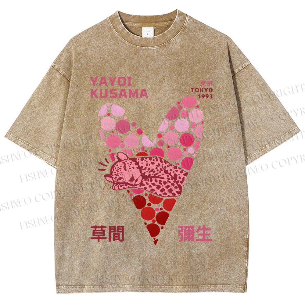 Unisex Yayoi Kusama Pink Panther in Heart Printed Washed Tee