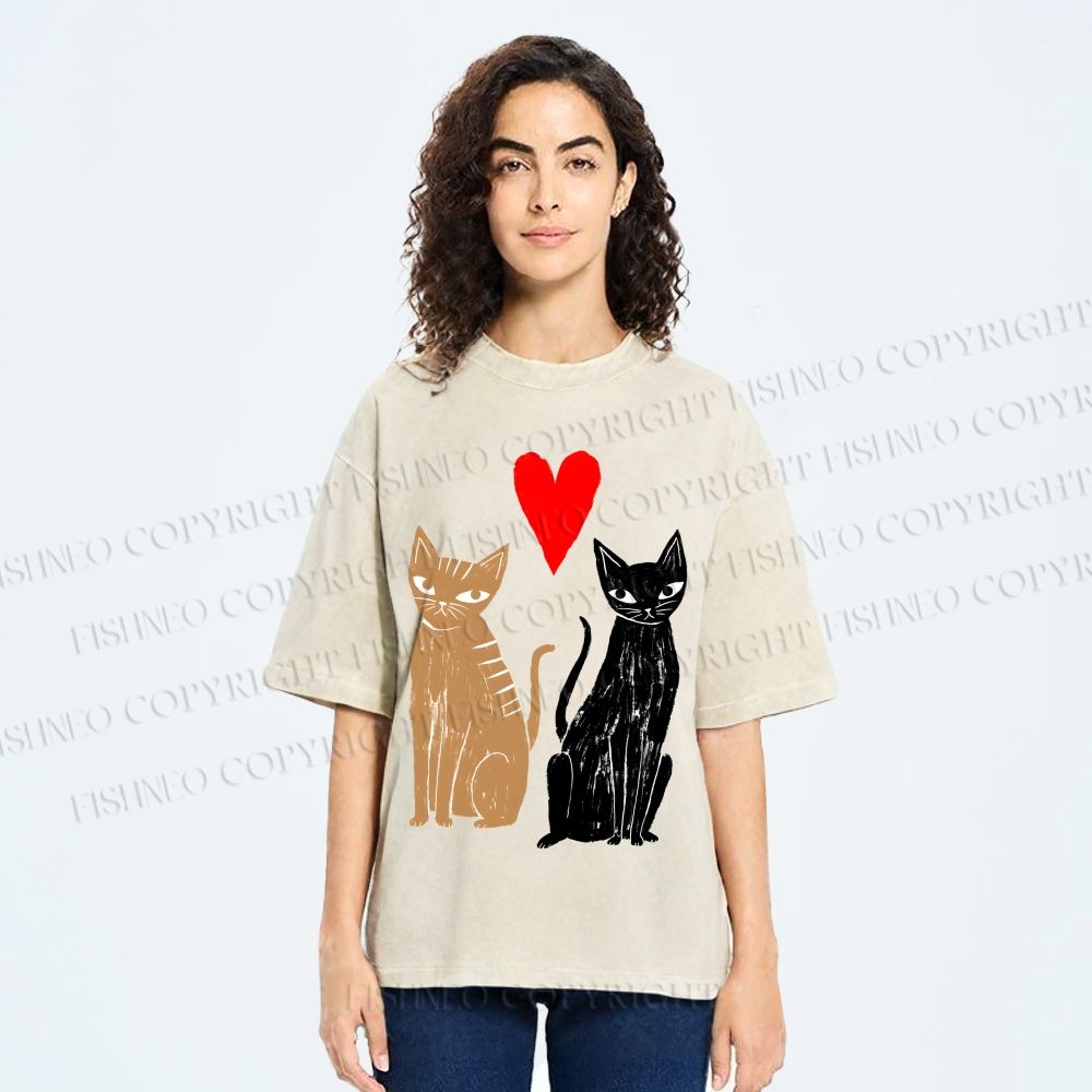 Unisex Heart Cat Printed Washed Tee