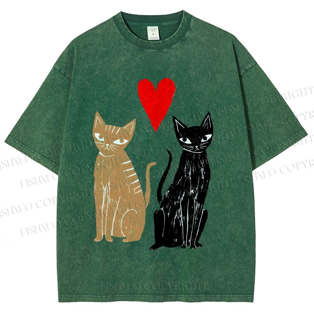 Unisex Heart Cat Printed Washed Tee