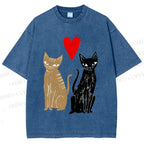 Unisex Heart Cat Printed Washed Tee