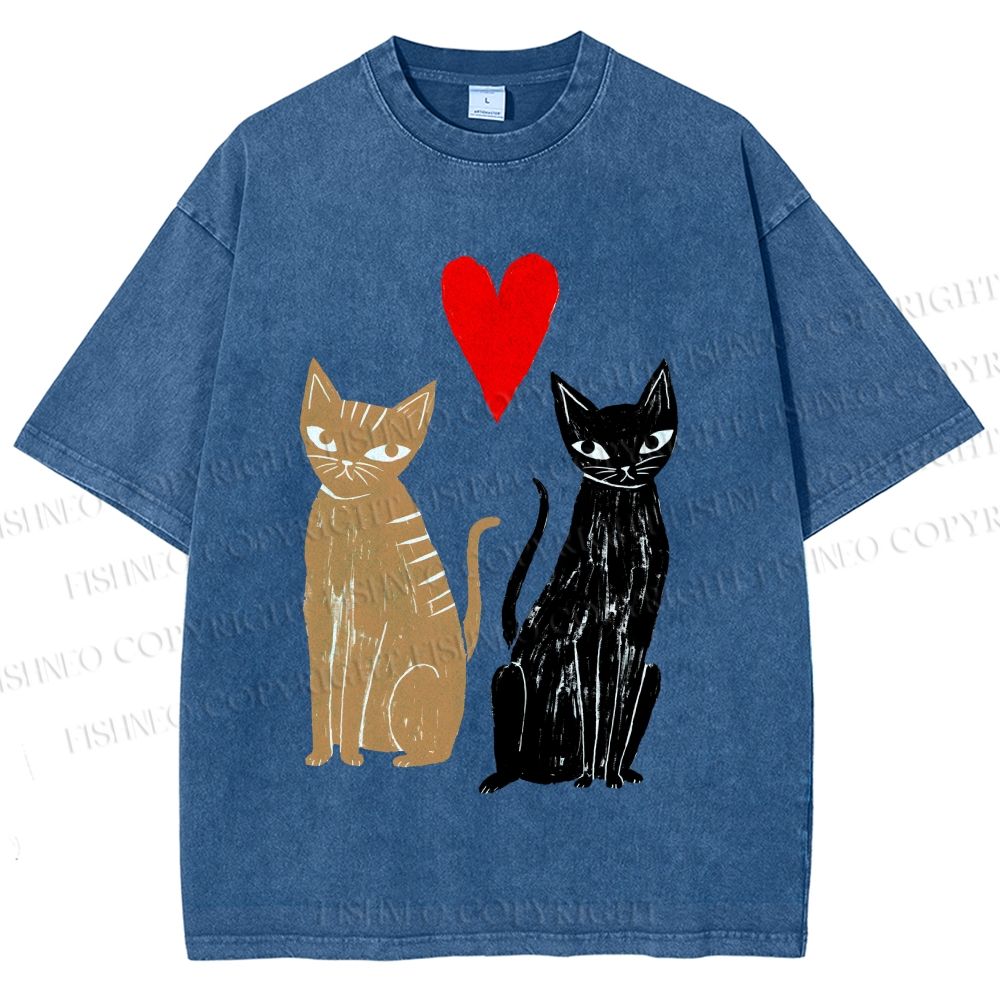 Unisex Heart Cat Printed Washed Tee