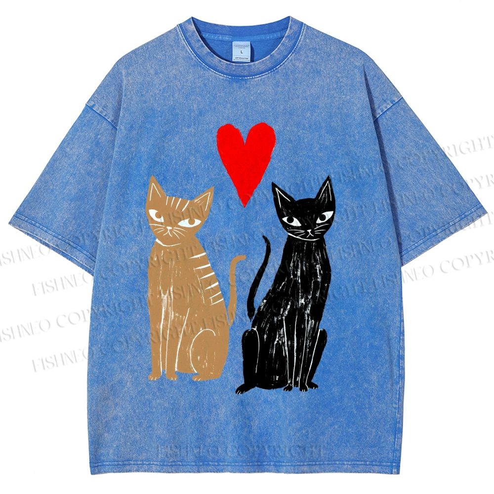 Unisex Heart Cat Printed Washed Tee