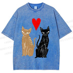 Unisex Heart Cat Printed Washed Tee