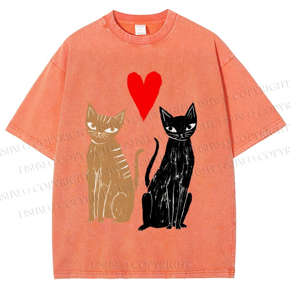 Unisex Heart Cat Printed Washed Tee