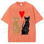 Unisex Heart Cat Printed Washed Tee