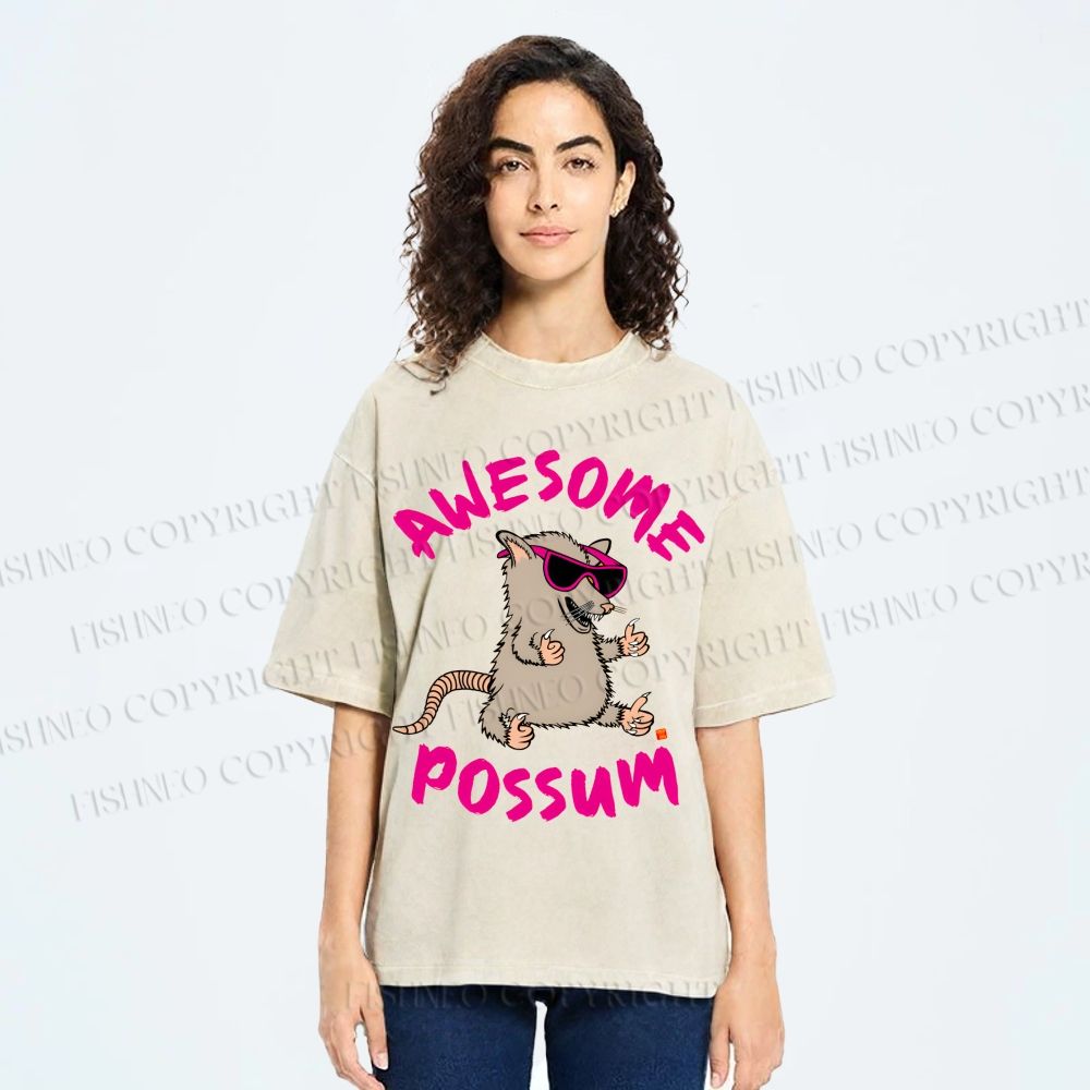 Unisex Awesome Possum Printed Washed Tee