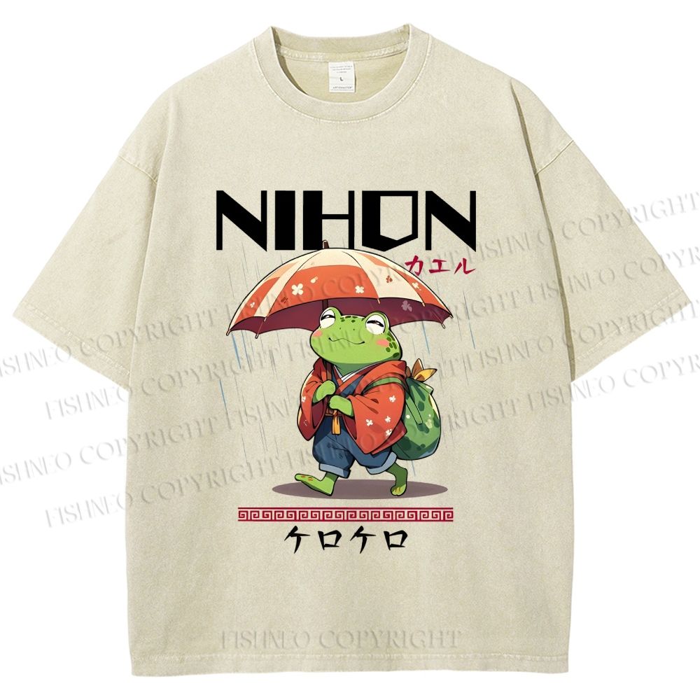 Unisex Happy Frog Walking On Rain Printed Washed Tee