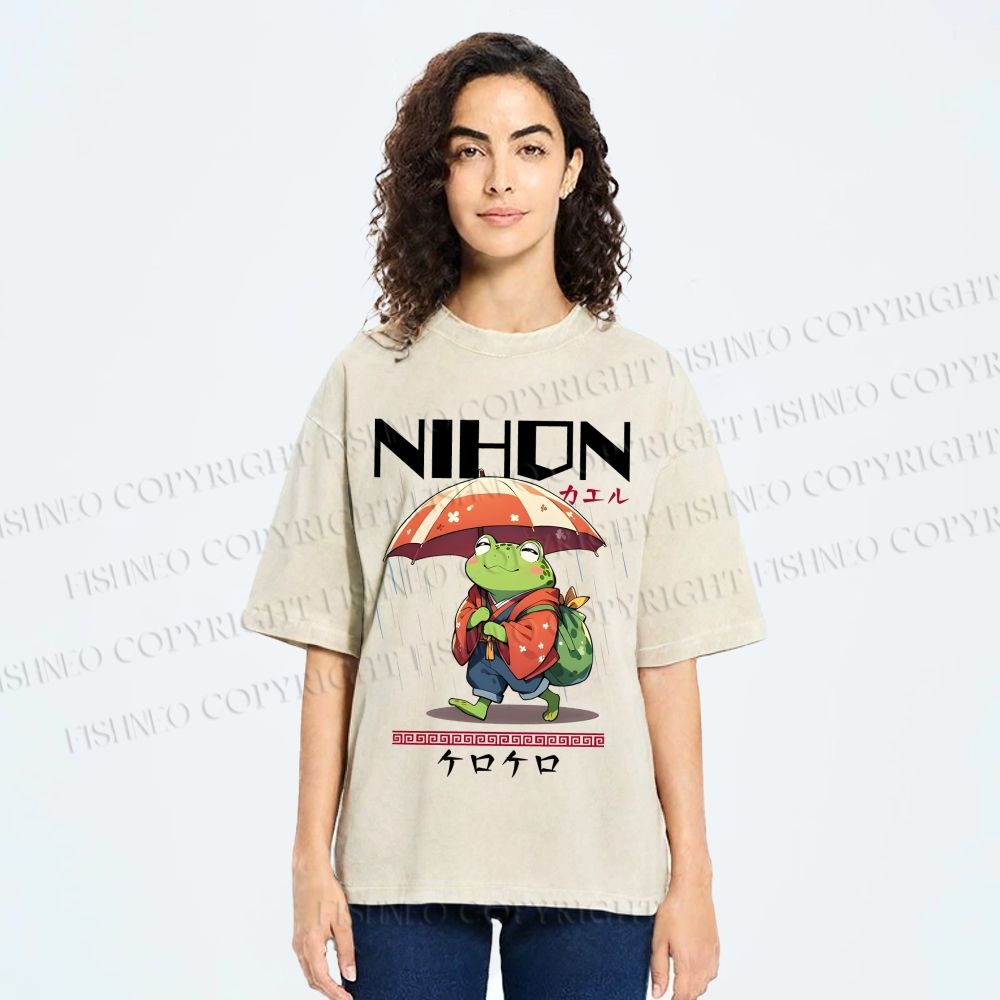 Unisex Happy Frog Walking On Rain Printed Washed Tee