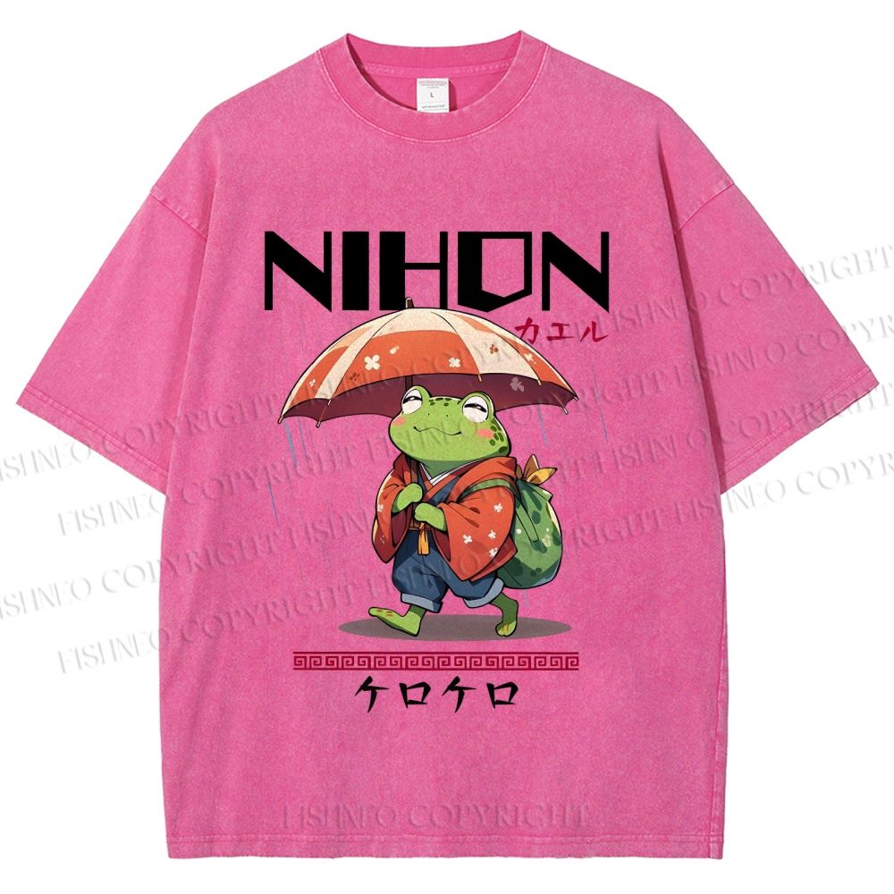 Unisex Happy Frog Walking On Rain Printed Washed Tee