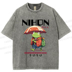 Unisex Happy Frog Walking On Rain Printed Washed Tee