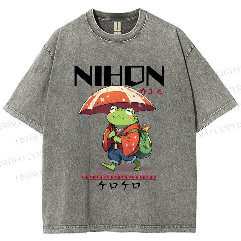Unisex Happy Frog Walking On Rain Printed Washed Tee
