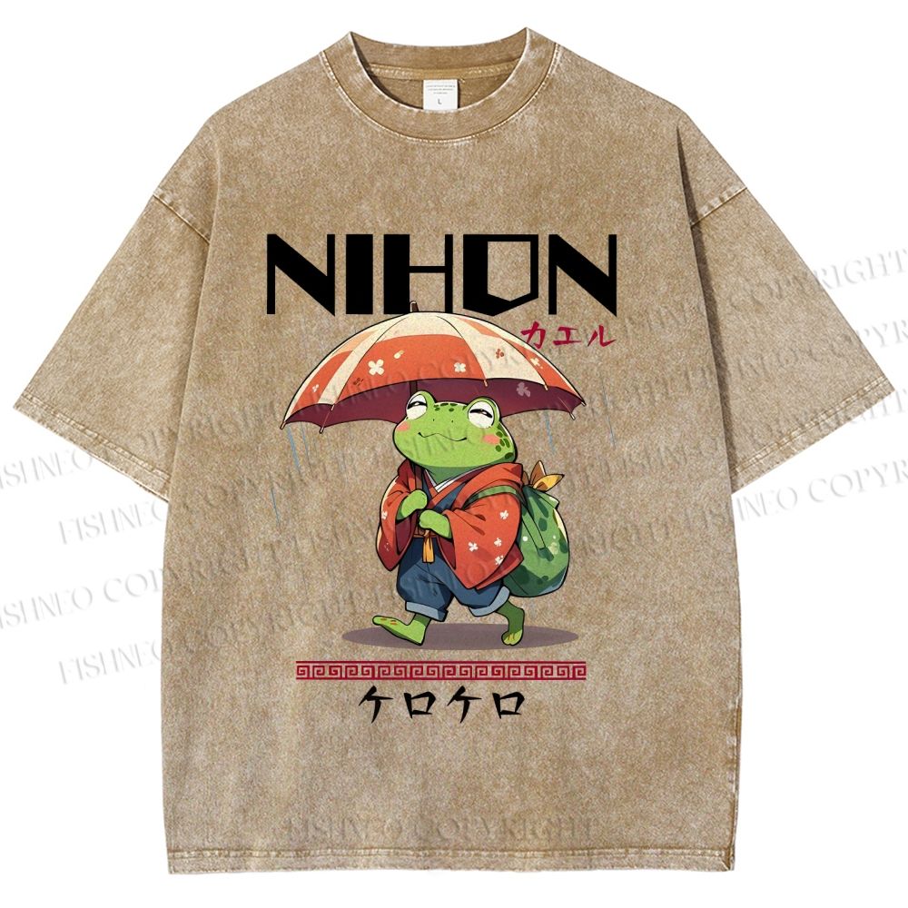 Unisex Happy Frog Walking On Rain Printed Washed Tee