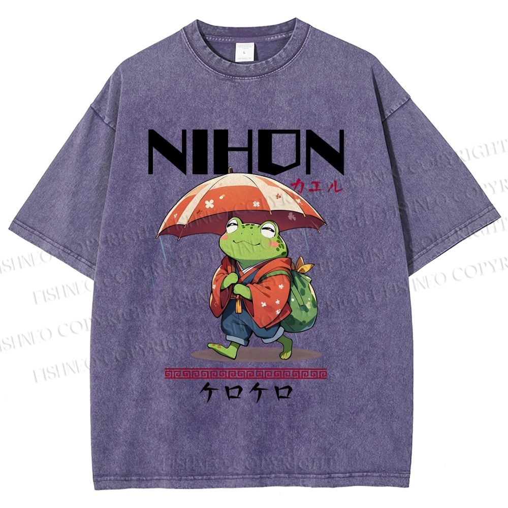 Unisex Happy Frog Walking On Rain Printed Washed Tee
