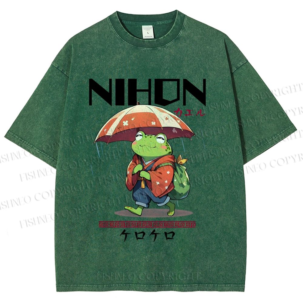 Unisex Happy Frog Walking On Rain Printed Washed Tee