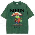 Unisex Happy Frog Walking On Rain Printed Washed Tee