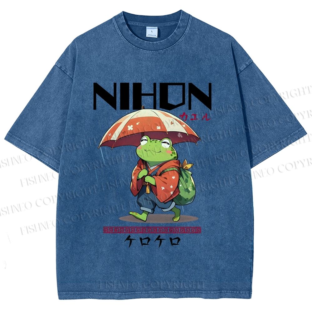Unisex Happy Frog Walking On Rain Printed Washed Tee
