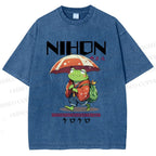 Unisex Happy Frog Walking On Rain Printed Washed Tee