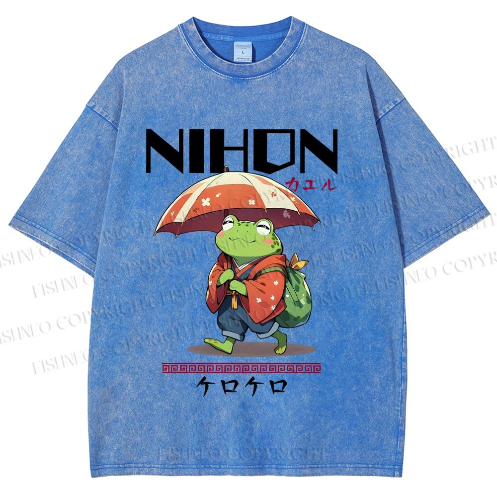 Unisex Happy Frog Walking On Rain Printed Washed Tee
