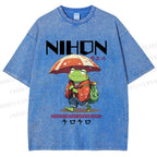 Unisex Happy Frog Walking On Rain Printed Washed Tee