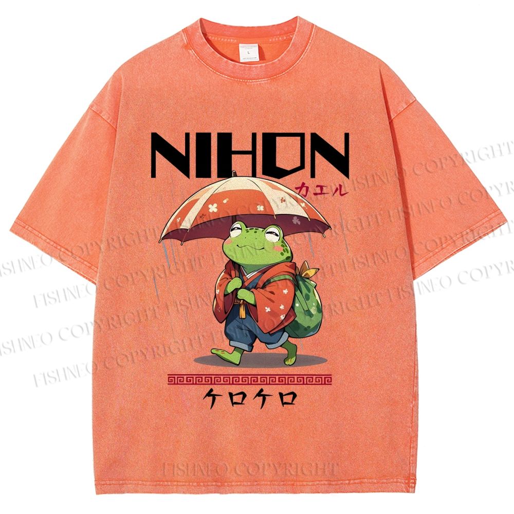 Unisex Happy Frog Walking On Rain Printed Washed Tee