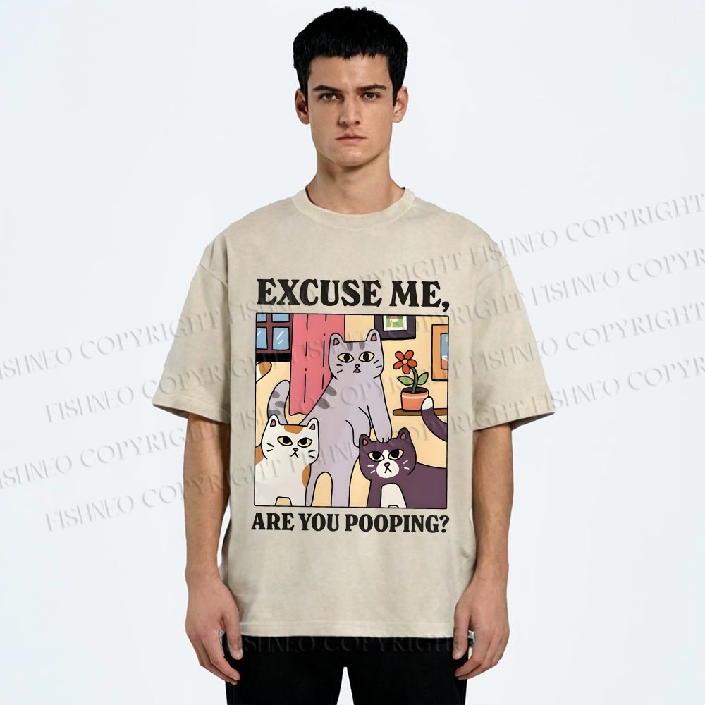 Unisex Excuse Me Are You Pooping Cat Printed Washed Tee