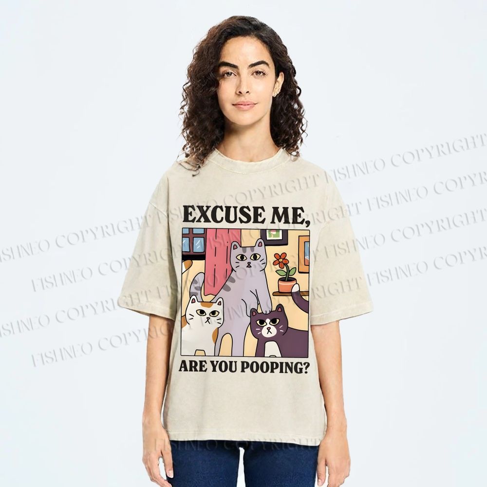 Unisex Excuse Me Are You Pooping Cat Printed Washed Tee