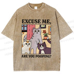 Unisex Excuse Me Are You Pooping Cat Printed Washed Tee