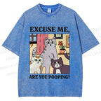 Unisex Excuse Me Are You Pooping Cat Printed Washed Tee