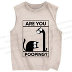 Unisex Are You Poping Cat Printed Washed Tank Top