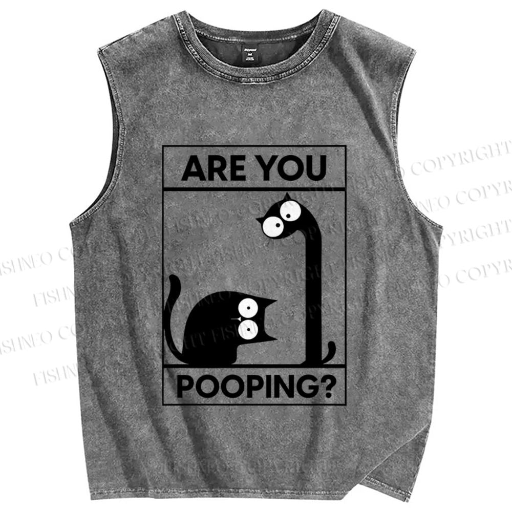 Unisex Are You Poping Cat Printed Washed Tank Top