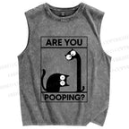 Unisex Are You Poping Cat Printed Washed Tank Top