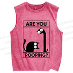 Unisex Are You Poping Cat Printed Washed Tank Top