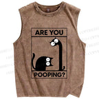 Unisex Are You Poping Cat Printed Washed Tank Top