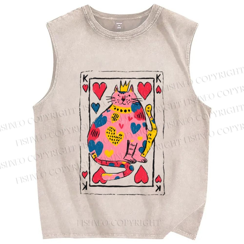 Unisex Valentine's Day Heart Cat Printed Washed Tank Top