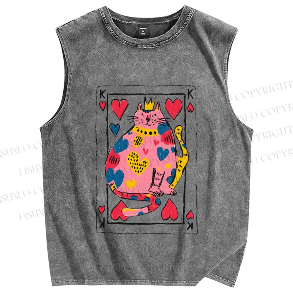 Unisex Valentine's Day Heart Cat Printed Washed Tank Top