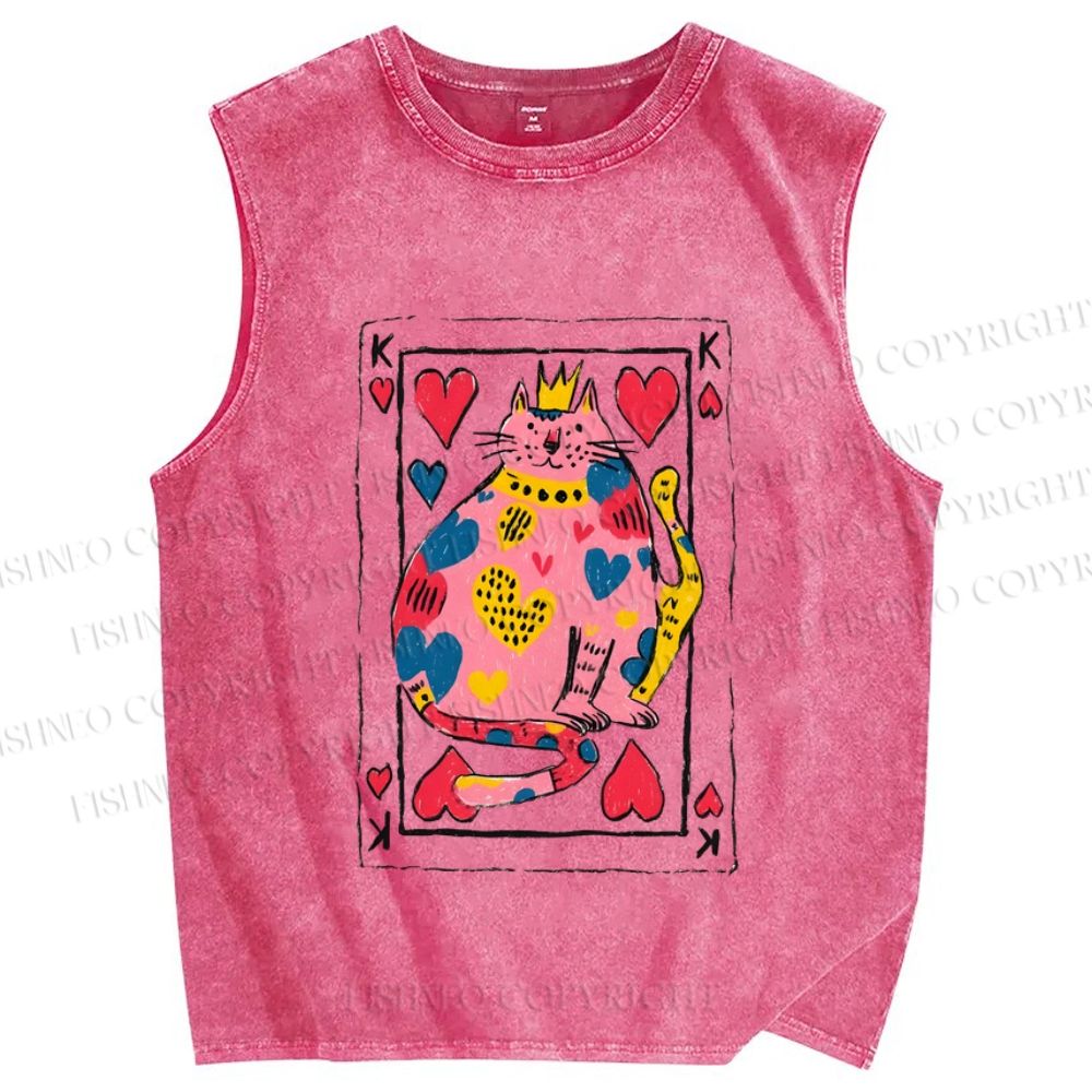 Unisex Valentine's Day Heart Cat Printed Washed Tank Top