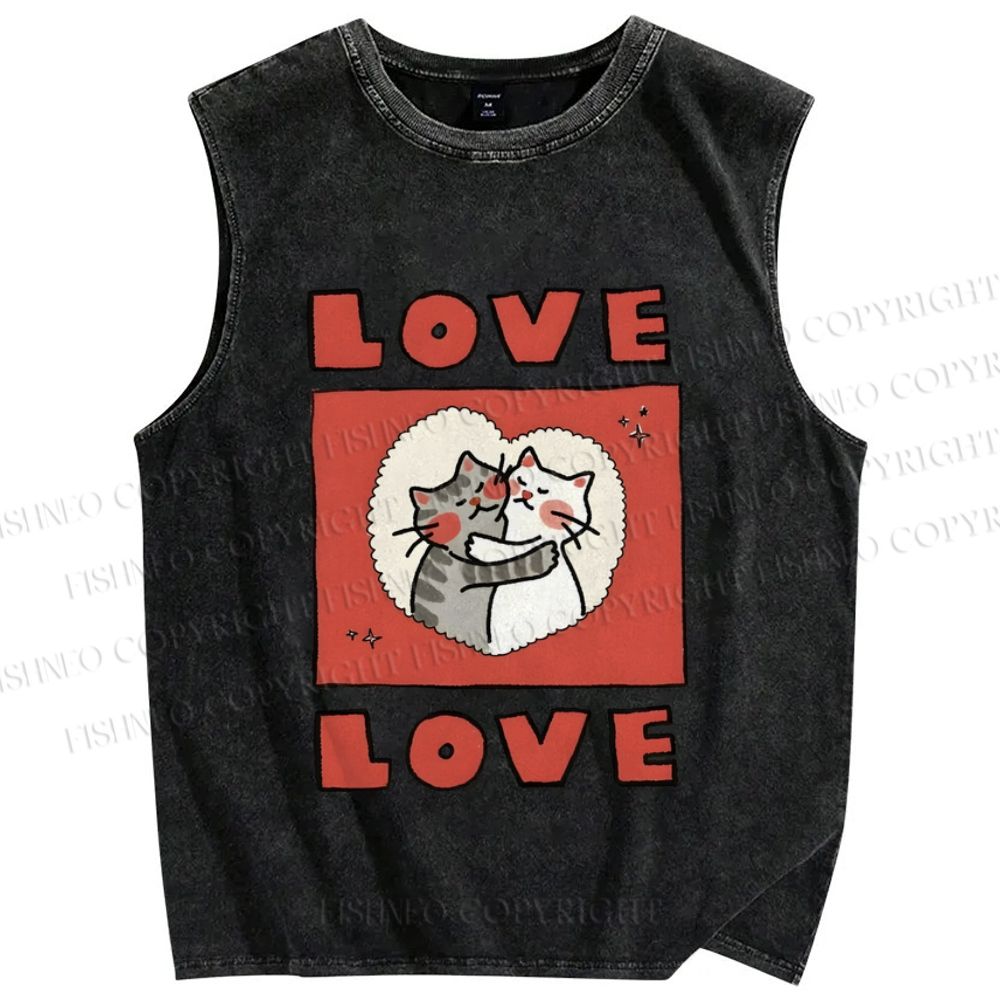 Unisex Love Cat Printed Washed Tank Top