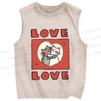 Unisex Love Cat Printed Washed Tank Top