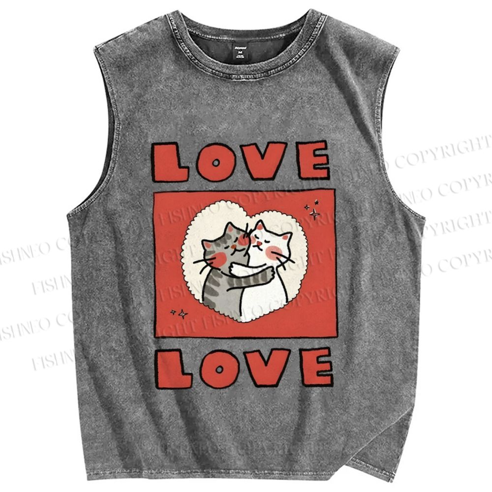 Unisex Love Cat Printed Washed Tank Top