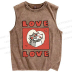 Unisex Love Cat Printed Washed Tank Top