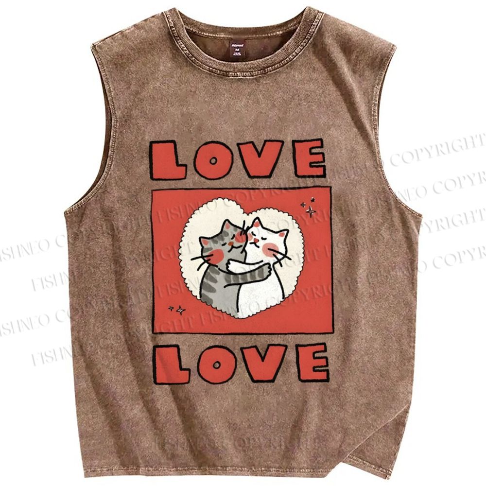Unisex Love Cat Printed Washed Tank Top