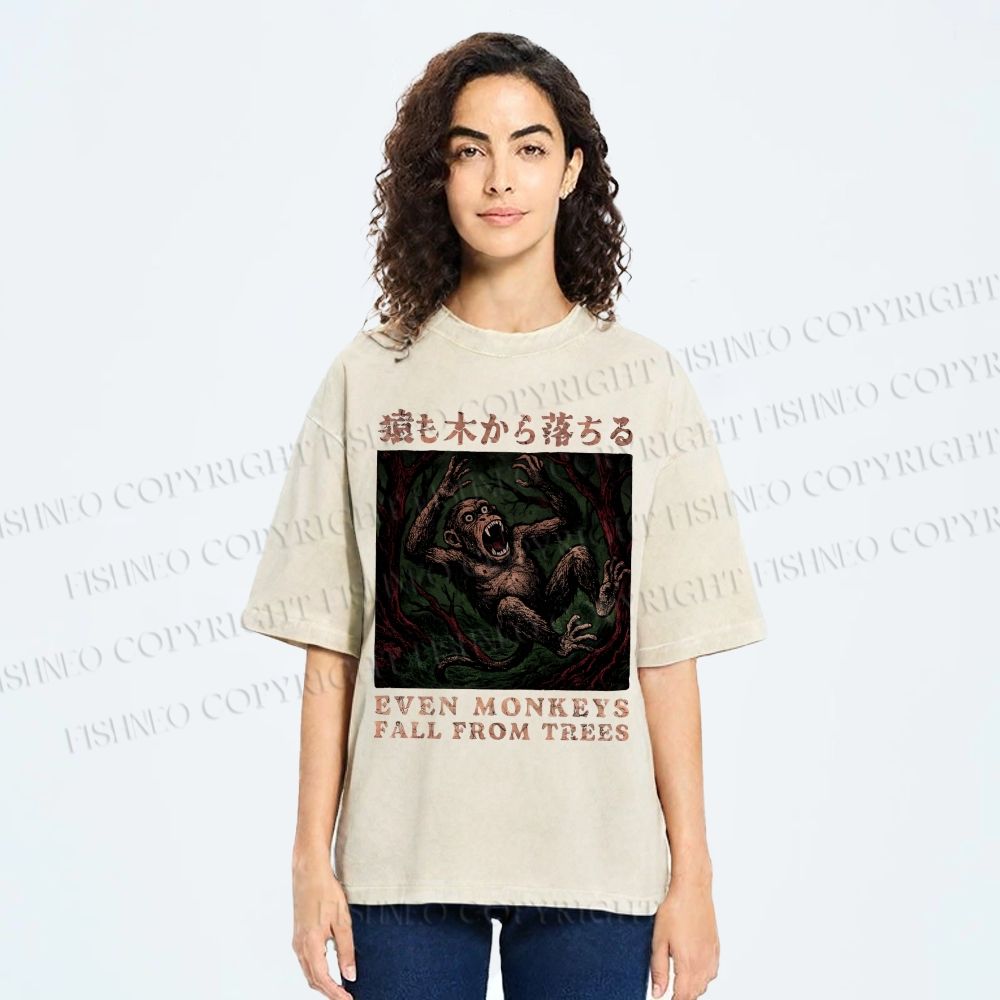 Unisex Even Monkeys Fall Form Trees Printed Washed Tee