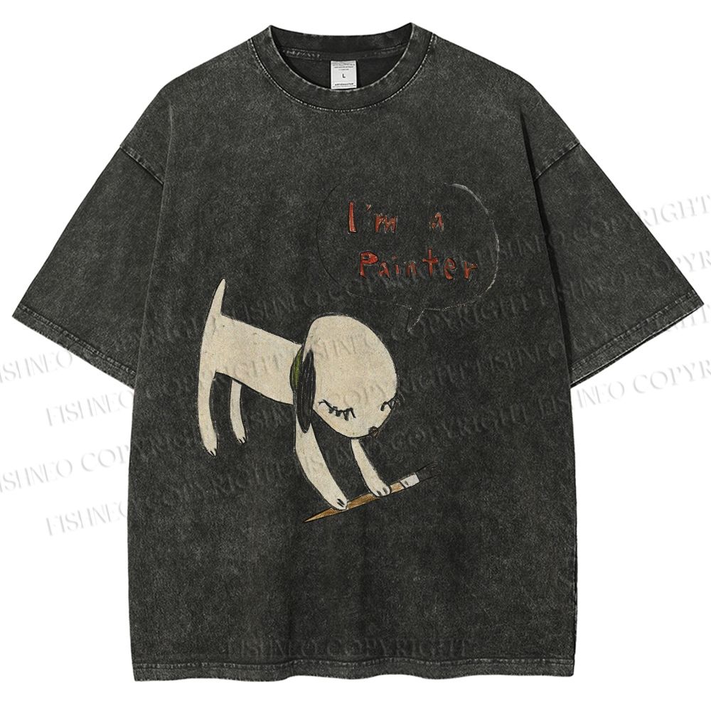 Unisex Yoshitomo Nara Paintbrush Dog Printed Washed Tee