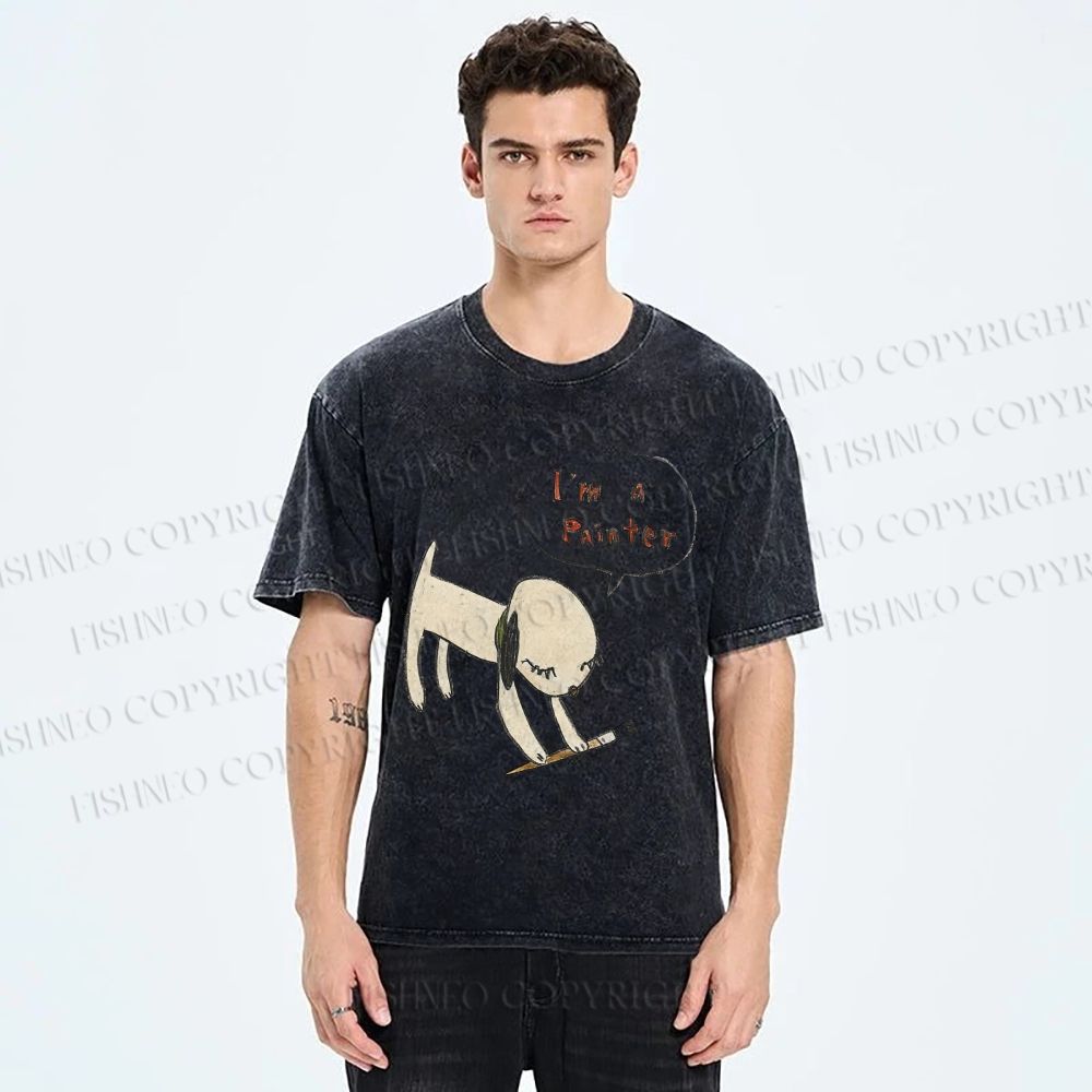 Unisex Yoshitomo Nara Paintbrush Dog Printed Washed Tee